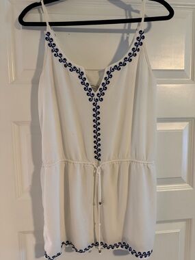 Daniel Cremieux White Spaghetti Strap Romper with Blue Embroidery